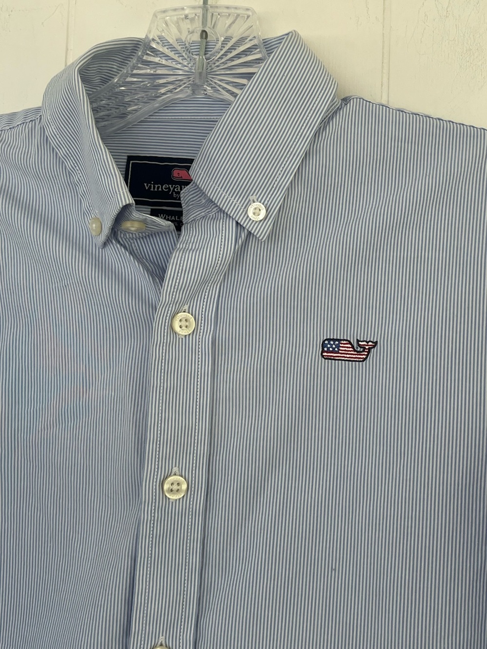 Boys Vineyard Vines Whale Shirt Blue White Stripes Patriotic Flag Whale M(12-14)